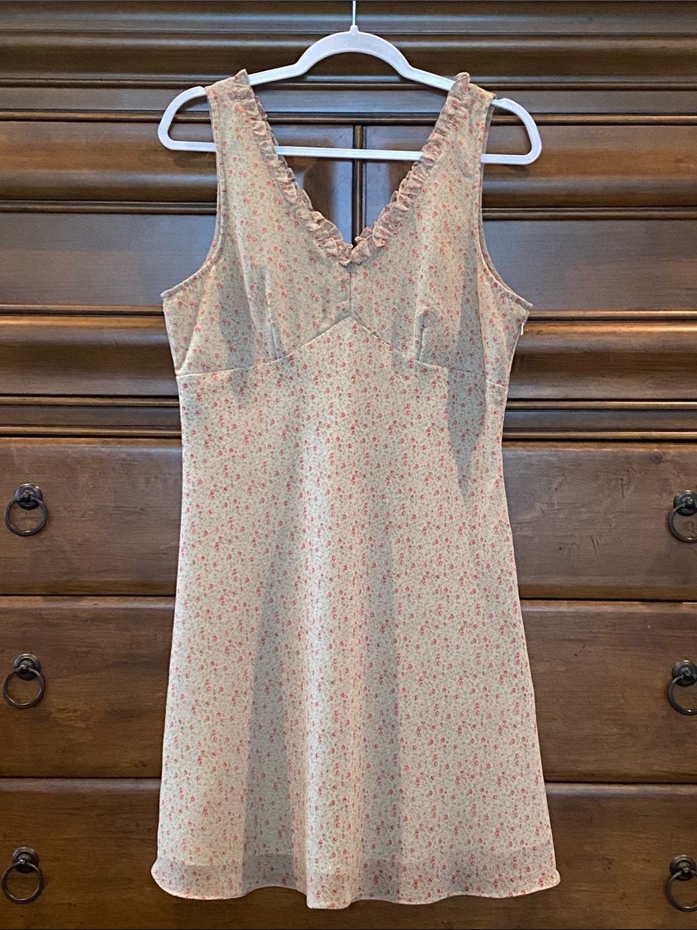 Vintage Express Floral Ruffle V-Neck Slip Dress sage with pink floral Size 13/14